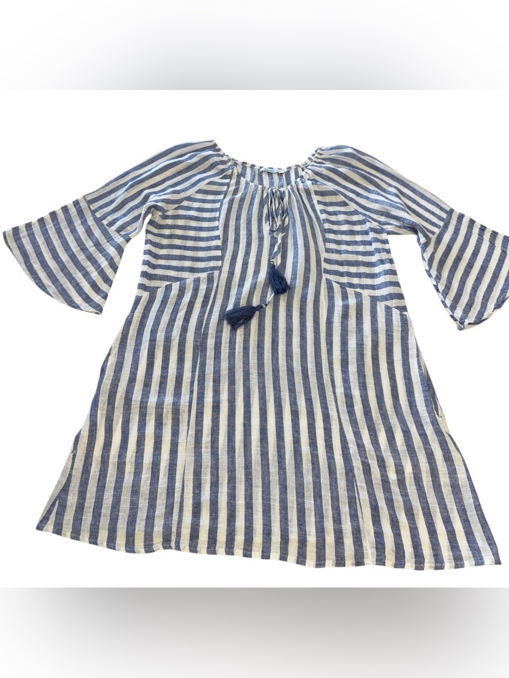 Blue Island  Blue and White Striped Tassel Tunic Dress Cover Up Large